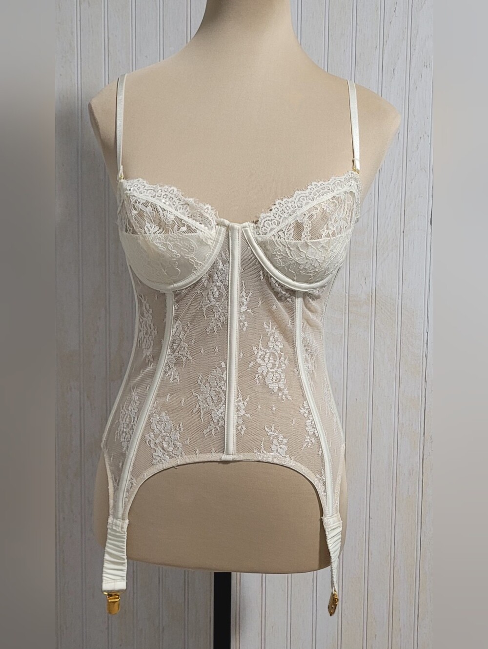 Frederick's of Hollywood Lace Corset Garter Top Ivory Beige Size M